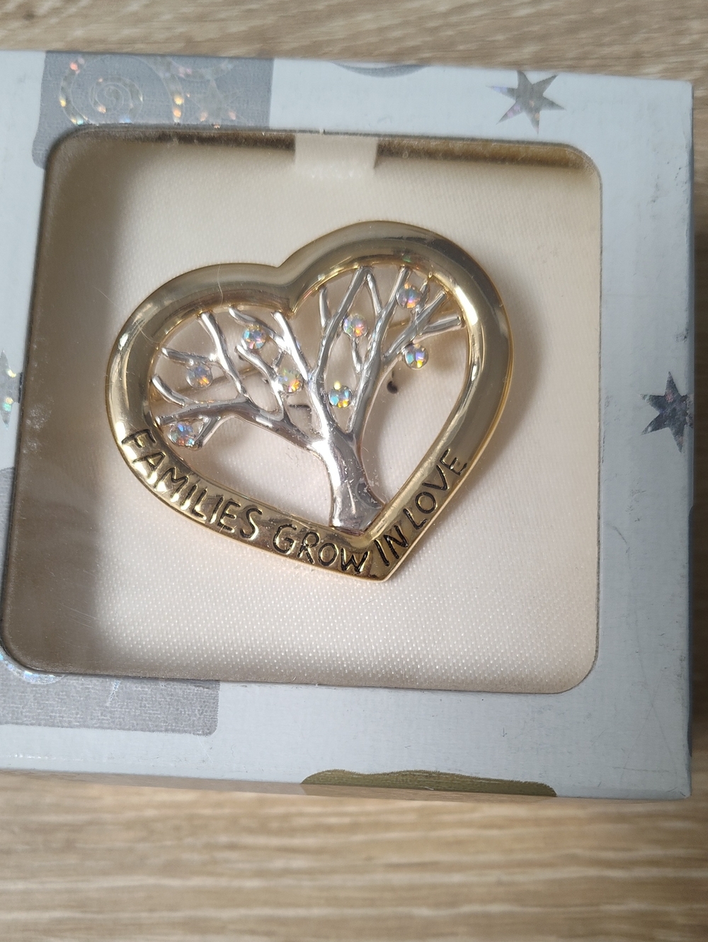 Heart Tree Brooch Pin - Gold and Silver "Families Grow in Love"